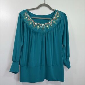 Bob Mackie Top Womens Size Large Embroidered 3/4 Sleeve Stretch Knit Stunning